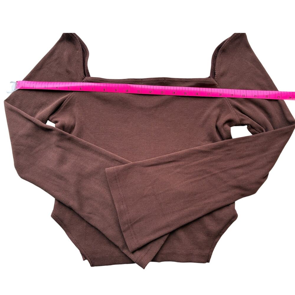 Missguided Brown Ribbed Crop Top US 10 Square Neck Bell Sleeve Stretch Going Out